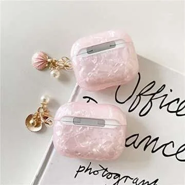 PHOEACC Cute Case for Airpod Pro with Glitter Shell Pearl Keychain Marble Hard TPU Protective Cover Compatible with AirPods Pro 2019 Case for Girls Women (Pink)