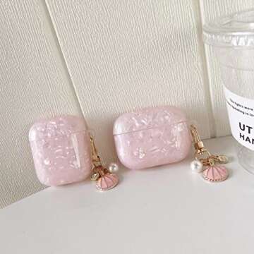 PHOEACC Cute Case for Airpod Pro with Glitter Shell Pearl Keychain Marble Hard TPU Protective Cover Compatible with AirPods Pro 2019 Case for Girls Women (Pink)