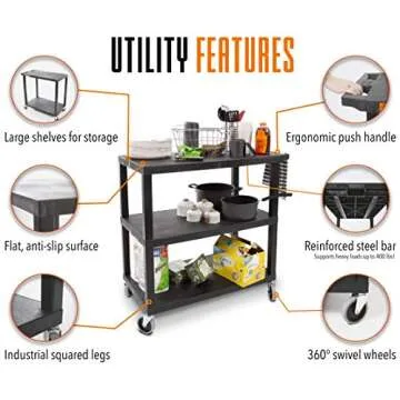 Stand Steady Tubstr 3 Flat Top Shelf Utility Cart Supports Up to 400 lbs - Heavy-Duty Plastic Service Push Cart with Three Flat Shelves, for Offices, Warehouse Storage, Garage Tools (Black, 35 x 18)