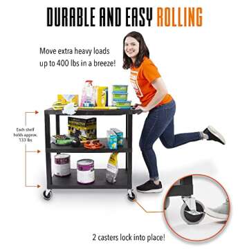 Stand Steady Tubstr 3 Flat Top Shelf Utility Cart Supports Up to 400 lbs - Heavy-Duty Plastic Service Push Cart with Three Flat Shelves, for Offices, Warehouse Storage, Garage Tools (Black, 35 x 18)