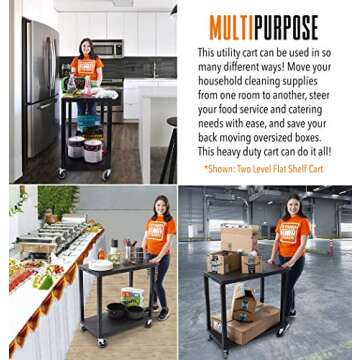 Stand Steady Tubstr 3 Flat Top Shelf Utility Cart Supports Up to 400 lbs - Heavy-Duty Plastic Service Push Cart with Three Flat Shelves, for Offices, Warehouse Storage, Garage Tools (Black, 35 x 18)