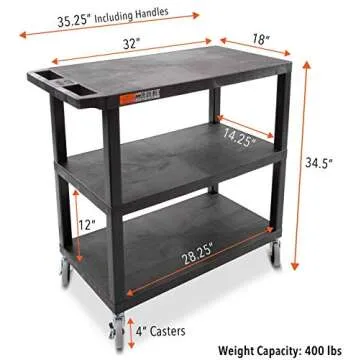 Stand Steady Tubstr 3 Flat Top Shelf Utility Cart Supports Up to 400 lbs - Heavy-Duty Plastic Service Push Cart with Three Flat Shelves, for Offices, Warehouse Storage, Garage Tools (Black, 35 x 18)