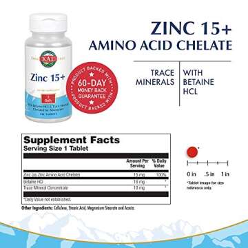 KAL Zinc 15+ w/ Betaine HCl & Trace Minerals | Healthy Metabolism & Immune System Function Support |...