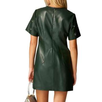 LifeShe Rhinestone Faux Leather Dress for Women Casual Short Sleeve Crew Neck Elegant A-line Mini PU...