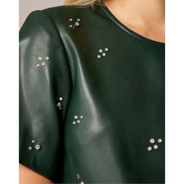 LifeShe Rhinestone Faux Leather Dress for Women Casual Short Sleeve Crew Neck Elegant A-line Mini PU Dresses Green