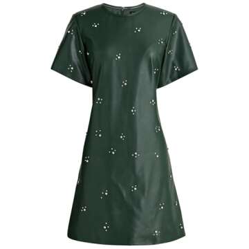 LifeShe Rhinestone Faux Leather Dress for Women Casual Short Sleeve Crew Neck Elegant A-line Mini PU Dresses Green