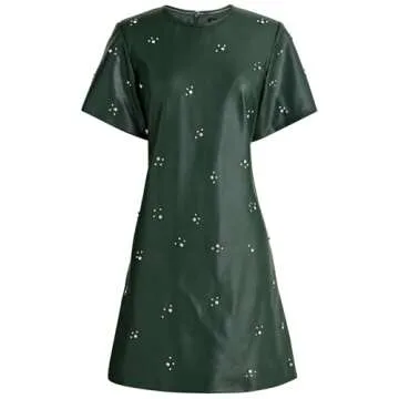 LifeShe Rhinestone Faux Leather Dress for Women Casual Short Sleeve Crew Neck Elegant A-line Mini PU Dresses Green