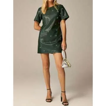 LifeShe Rhinestone Faux Leather Dress for Women Casual Short Sleeve Crew Neck Elegant A-line Mini PU Dresses Green