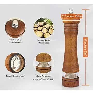 Haomacro Pepper Grinder, Wood Salt and Pepper Mills Set, Classic Manual Spice Grinder Refillable Salt Mill Sets with Acrylic Visible Window Adjustable Ceramic Grinding Rotor 8 inch 2 Pack