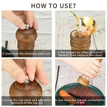 Haomacro Pepper Grinder, Wood Salt and Pepper Mills Set, Classic Manual Spice Grinder Refillable Salt Mill Sets with Acrylic Visible Window Adjustable Ceramic Grinding Rotor 8 inch 2 Pack