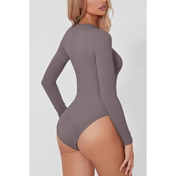 QINSEN Women's Sexy Slimming Long Sleeve Bodysuit Ash Gray