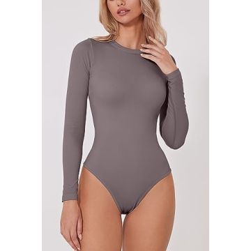 QINSEN Women's Sexy Slimming Long Sleeve Bodysuit Ash Gray