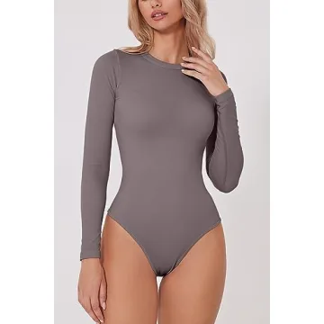 QINSEN Women's Sexy Slimming Long Sleeve Bodysuit Ash Gray