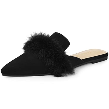 Allegra K Women's Pointed Toe Faux Fur Slip-On Flat Slide Mules 7 M US