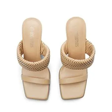 DREAM PAIRS Women's Nude Square Toe Heels for Women Braided Open Toe Two Strap Slip on Heels Chunky Mules Sandals Party Wedding Dress Dating Pumps Shoes Size 10 SDHS2310W-NEW