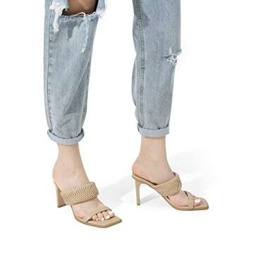 DREAM PAIRS Women's Nude Square Toe Heels for Women Braided Open Toe Two Strap Slip on Heels Chunky Mules Sandals Party Wedding Dress Dating Pumps Shoes Size 10 SDHS2310W-NEW