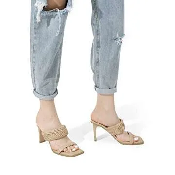 DREAM PAIRS Women's Nude Square Toe Heels for Women Braided Open Toe Two Strap Slip on Heels Chunky Mules Sandals Party Wedding Dress Dating Pumps Shoes Size 10 SDHS2310W-NEW