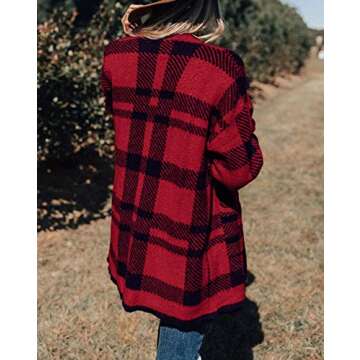 ZESICA Women's 2024 Fall Winter Long Sleeves Open Front Leopard Print Knitted Sweater Cardigan Coat Outwear,Red Plaid,Small