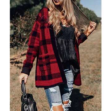 ZESICA Women's 2024 Fall Winter Long Sleeves Open Front Leopard Print Knitted Sweater Cardigan Coat Outwear,Red Plaid,Small