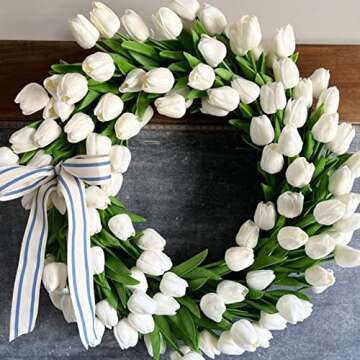 Tulip Wreath for Front Door, Spring Wreath Artificial Tulip Flower with Ivy Leaves White Tulips Wrea...