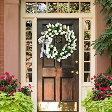 Tulip Wreath for Front Door, Spring Wreath Artificial Tulip Flower with Ivy Leaves White Tulips Wreaths for Front Door Home Welcome Spring Decor (White, 15.75 inch)