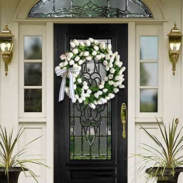 Tulip Wreath for Front Door, Spring Wreath Artificial Tulip Flower with Ivy Leaves White Tulips Wreaths for Front Door Home Welcome Spring Decor (White, 15.75 inch)