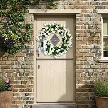 Tulip Wreath for Front Door, Spring Wreath Artificial Tulip Flower with Ivy Leaves White Tulips Wreaths for Front Door Home Welcome Spring Decor (White, 15.75 inch)