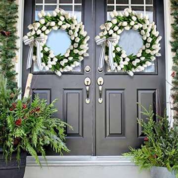 Tulip Wreath for Front Door, Spring Wreath Artificial Tulip Flower with Ivy Leaves White Tulips Wreaths for Front Door Home Welcome Spring Decor (White, 15.75 inch)