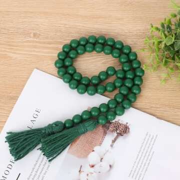 RAMIRABI St Patrick's Day Wood Beads Garland with Tassels Farmhouse Beads Rustic Prayer Beads Boho Beads for Boho Home Decor,Wall Hanging Decoration (Deep Green)