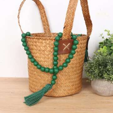 RAMIRABI St Patrick's Day Wood Beads Garland with Tassels Farmhouse Beads Rustic Prayer Beads Boho Beads for Boho Home Decor,Wall Hanging Decoration (Deep Green)