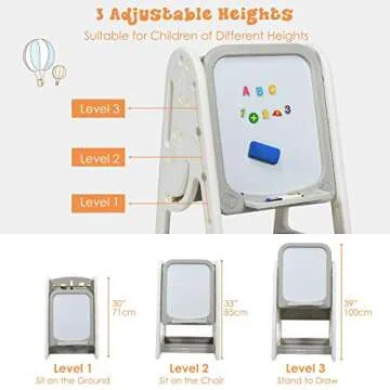Costzon Kids Art Easel with Stool, 3 in 1 Double-Sided Children Magnetic Dry Erase Board & Book Rack with Foldable Desktop, Adjustable Toddler Table and Chair Set with Magnets (Gray)