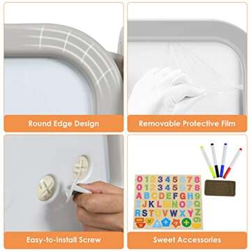 Costzon Kids Art Easel with Stool, 3 in 1 Double-Sided Children Magnetic Dry Erase Board & Book Rack with Foldable Desktop, Adjustable Toddler Table and Chair Set with Magnets (Gray)