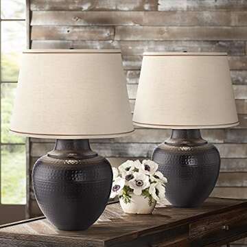 Barnes and Ivy Brighton Rustic Traditional Farmhouse Table Lamps 27.25" Tall Set of 2 Hammered Bronz...