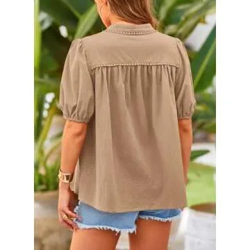 PRETTYGARDEN Women's Summer Button Down Shirts Short Lantern Sleeve V Neck Cotton Cute Dressy Casual...