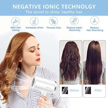 Ionic Hair Dryer,1500W-1875W Professional Foldable Blow Dryer With 2 Magnetic Nozzles & 1 Diffuser Attachment for Women Men Fast Drying,Portable/Lightweight/Travel Hairdryer Blowdryer for Home,Salon