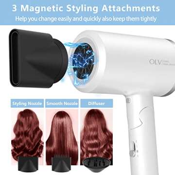 Ionic Hair Dryer,1500W-1875W Professional Foldable Blow Dryer With 2 Magnetic Nozzles & 1 Diffuser Attachment for Women Men Fast Drying,Portable/Lightweight/Travel Hairdryer Blowdryer for Home,Salon