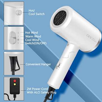 Ionic Hair Dryer,1500W-1875W Professional Foldable Blow Dryer With 2 Magnetic Nozzles & 1 Diffuser Attachment for Women Men Fast Drying,Portable/Lightweight/Travel Hairdryer Blowdryer for Home,Salon