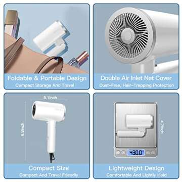 Ionic Hair Dryer,1500W-1875W Professional Foldable Blow Dryer With 2 Magnetic Nozzles & 1 Diffuser Attachment for Women Men Fast Drying,Portable/Lightweight/Travel Hairdryer Blowdryer for Home,Salon
