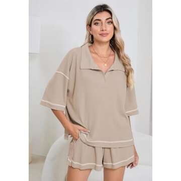 Womens 2 Piece Pajama Sets Short Sleeve Tops Lounge Sets Casual 2 Piece Outfits Summer Short Sets Loungewear Light Beige XL