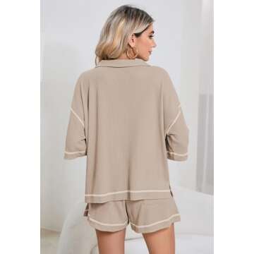 Womens 2 Piece Pajama Sets Short Sleeve Tops Lounge Sets Casual 2 Piece Outfits Summer Short Sets Loungewear Light Beige XL