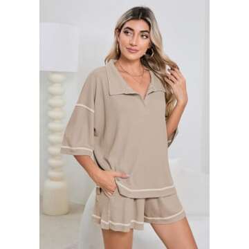 Womens 2 Piece Pajama Sets Short Sleeve Tops Lounge Sets Casual 2 Piece Outfits Summer Short Sets Loungewear Light Beige XL
