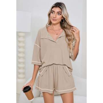 Womens 2 Piece Pajama Sets Short Sleeve Tops Lounge Sets Casual 2 Piece Outfits Summer Short Sets Loungewear Light Beige XL