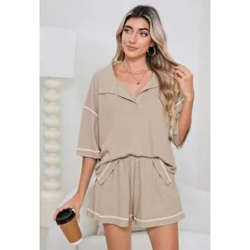 Womens 2 Piece Pajama Sets Short Sleeve Tops Lounge Sets Casual 2 Piece Outfits Summer Short Sets Loungewear Light Beige XL
