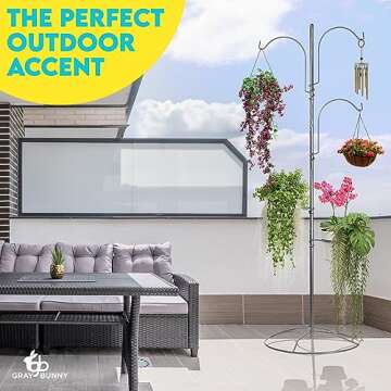 Gray Bunny Hanging Plant Stand Indoor with Base - Stylish Bird Feeder Stand for Outside - Adjustable Outdoor Plant Hanger for Multiple Plants - Sturdy Shepherds Hooks for Hanging Plants, Bird Feeders