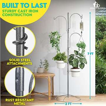Gray Bunny Hanging Plant Stand Indoor with Base - Stylish Bird Feeder Stand for Outside - Adjustable Outdoor Plant Hanger for Multiple Plants - Sturdy Shepherds Hooks for Hanging Plants, Bird Feeders