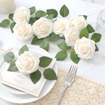 DerBlue 60pcs Artificial Roses Flowers Real Looking Fake Roses Artificial Foam Roses Decoration DIY for Wedding,Arrangements Party Home Decorations