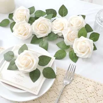 DerBlue 60pcs Artificial Roses Flowers Real Looking Fake Roses Artificial Foam Roses Decoration DIY for Wedding,Arrangements Party Home Decorations