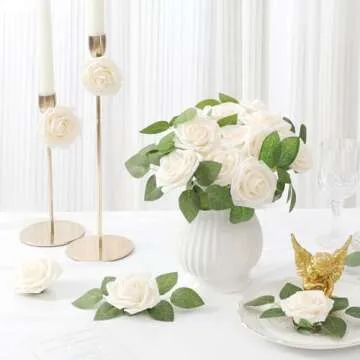 DerBlue 60pcs Artificial Roses Flowers Real Looking Fake Roses Artificial Foam Roses Decoration DIY for Wedding,Arrangements Party Home Decorations