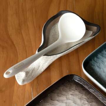 LINXUXIE Large Ceramic Spoon Rest for Stove Top, Oyster Shell-Shaped with Handle Stable Glaze Sauce ...