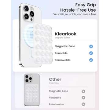 Klearlook Magnetic Suction Phone Mount for MagSafe Case, Removable Sticky Phone Grip Holder for Hands-Free Makeup/Selfie/Live Streaming/Vlog for TikTok & Instagram Influencer/Creator, Transparent